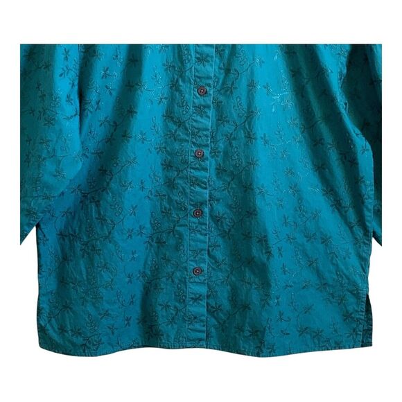 Bechamel Women Button Up Shirt Size LARGE Teal Embroidered Long Sleeve Cotton - Picture 3 of 12